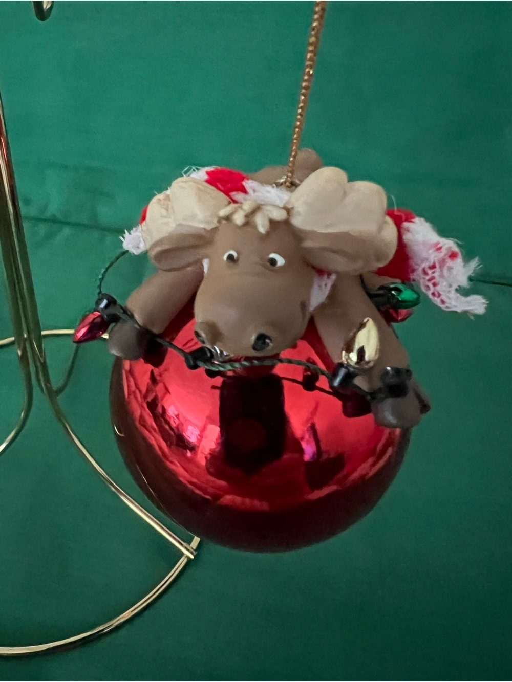 Festive Moose Ornament on Shiny Red Ball - Holiday Hanging Decoration - Picture 1 of 4